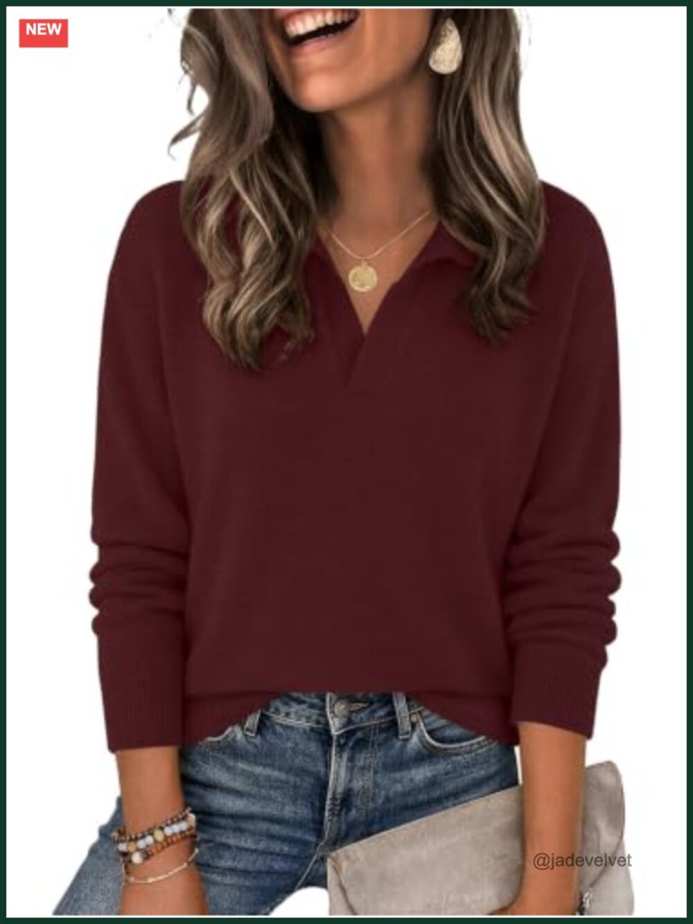 Women's V Neck Collared Pullover Sweater Lightweight Long Sleeve Fall Knit Top